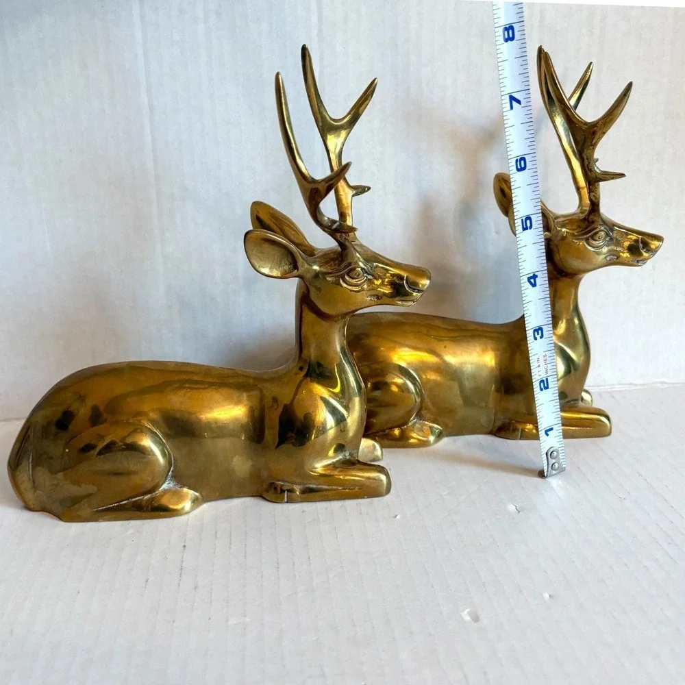 Vintage Large Solid Brass Reclining Deer Figurines Set of 2 MCM Buck Statues 8